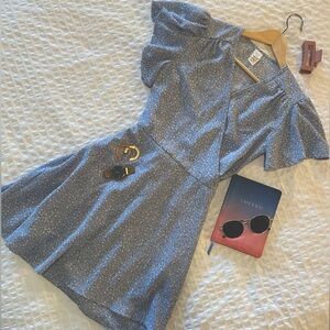 Floral blue dress mid length A style wrap dress V neck ruffle sleeve tie waist